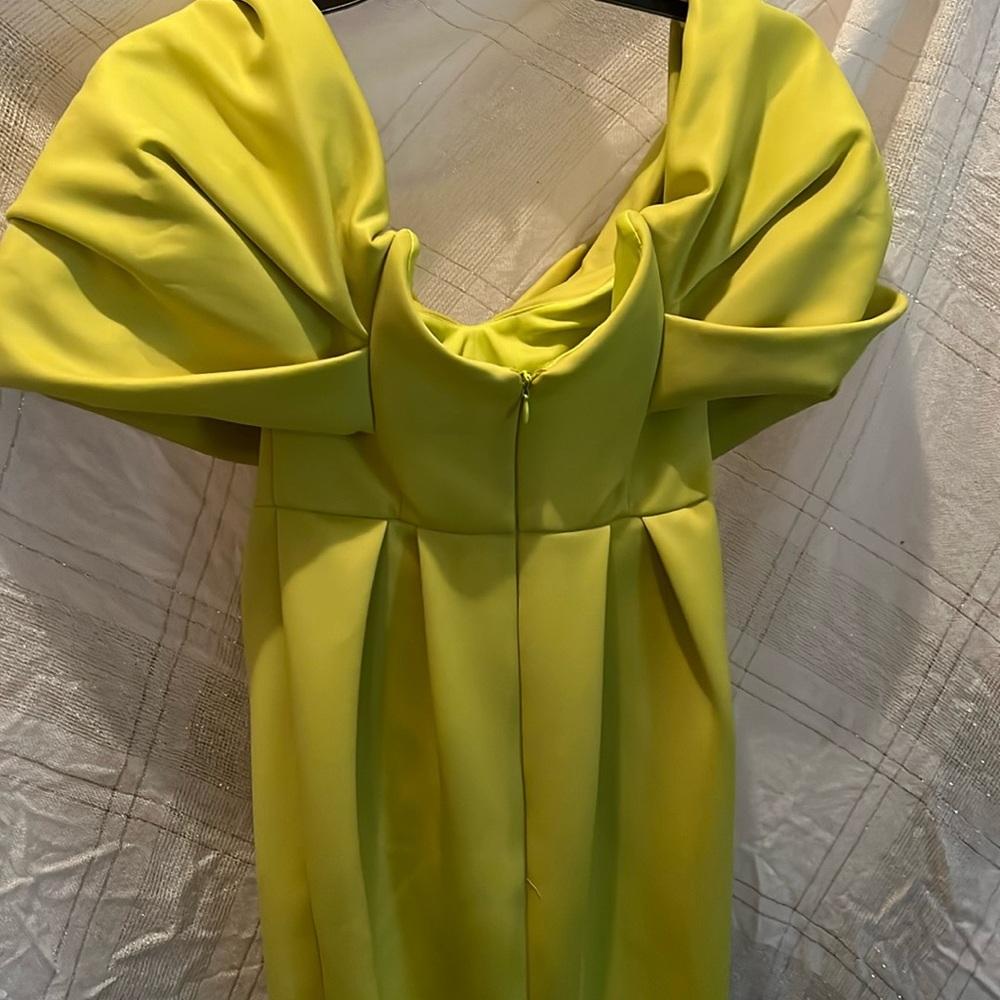 Strapless lime green dress.